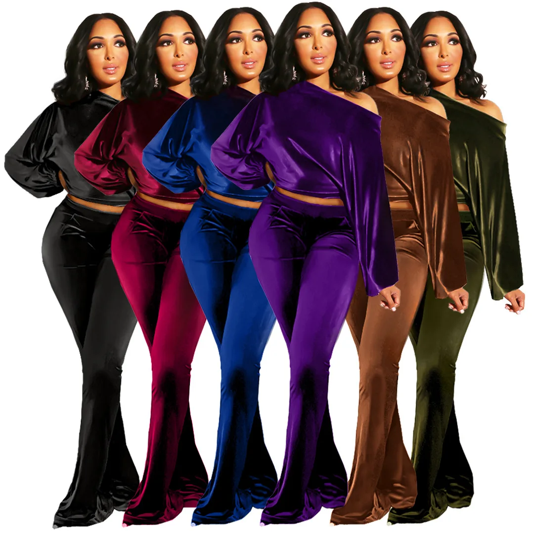 Velvet Tracksuit 2 Piece Winter Outfits For Women Single Shoulder Sweatsuit Crop Tops Autumn Velvet Two Piece Set