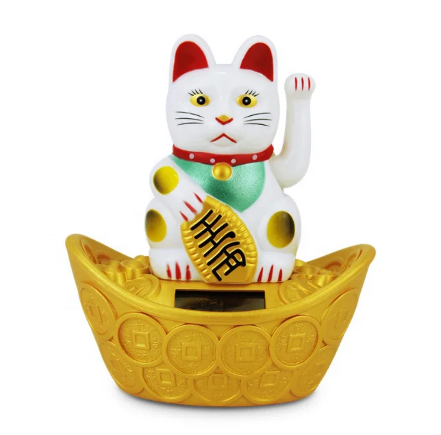4 Inches Big Solar Power Plastic Japanese Fortune Cat   White Golden Black Color Waving Arm Lucky Cat Maneki Neko
