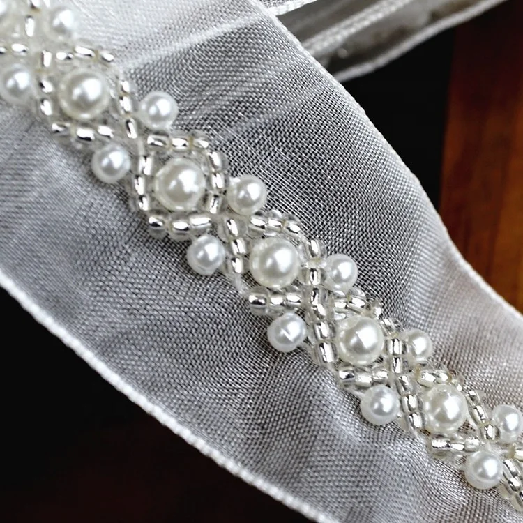 Fashion Rhinestone Pearls Beaded Fabric Lace Trimming Sew on Ribbon for Garment
