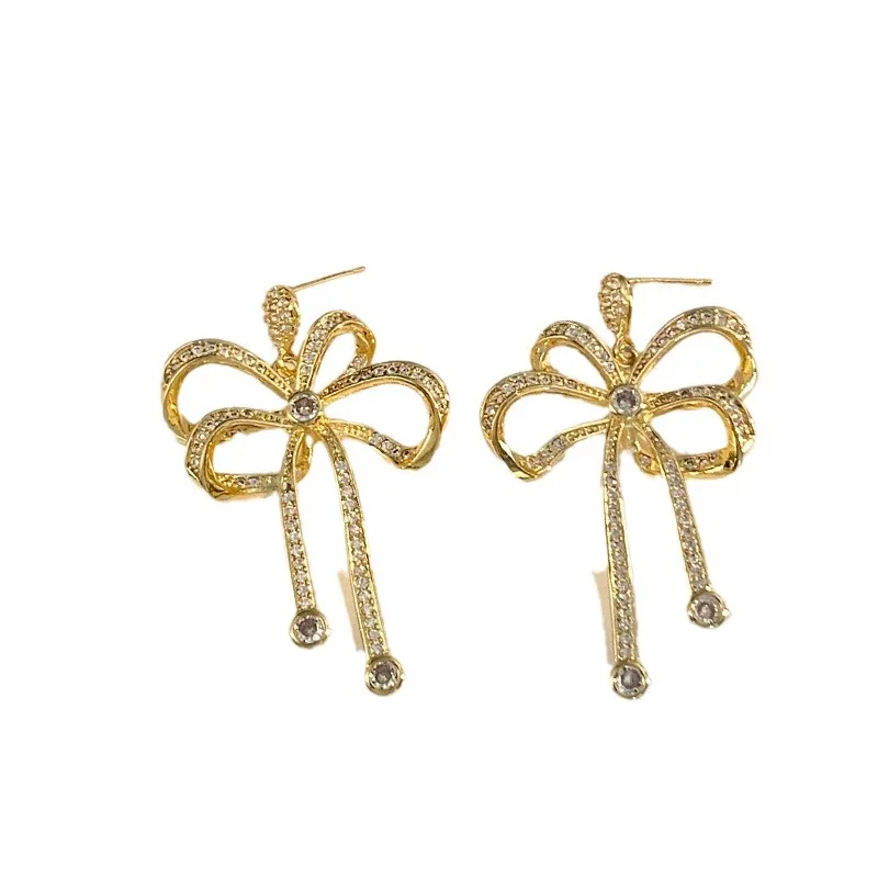 Boutique Copper Rhinestone Earrings Gifts Exquisite Zirconia Earrings Light Luxury Gold Silver Bow Earrings