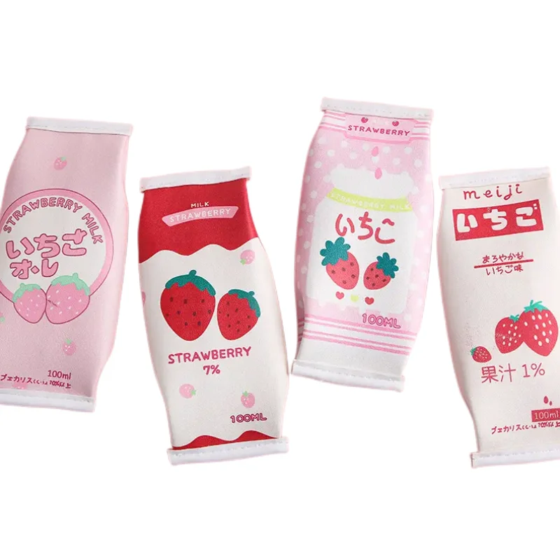 Creative Sweet Strawberry Milk PU Cartoon Pencil Case Stationery Storage Organizer Bag School Office Supply Pencil Pouch
