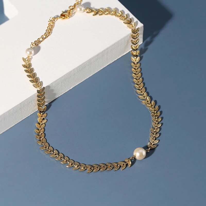  Оптовая торговля золотом 18K золотое покрытие из оливковых листьев жемчужное ожерелье Мода колье для