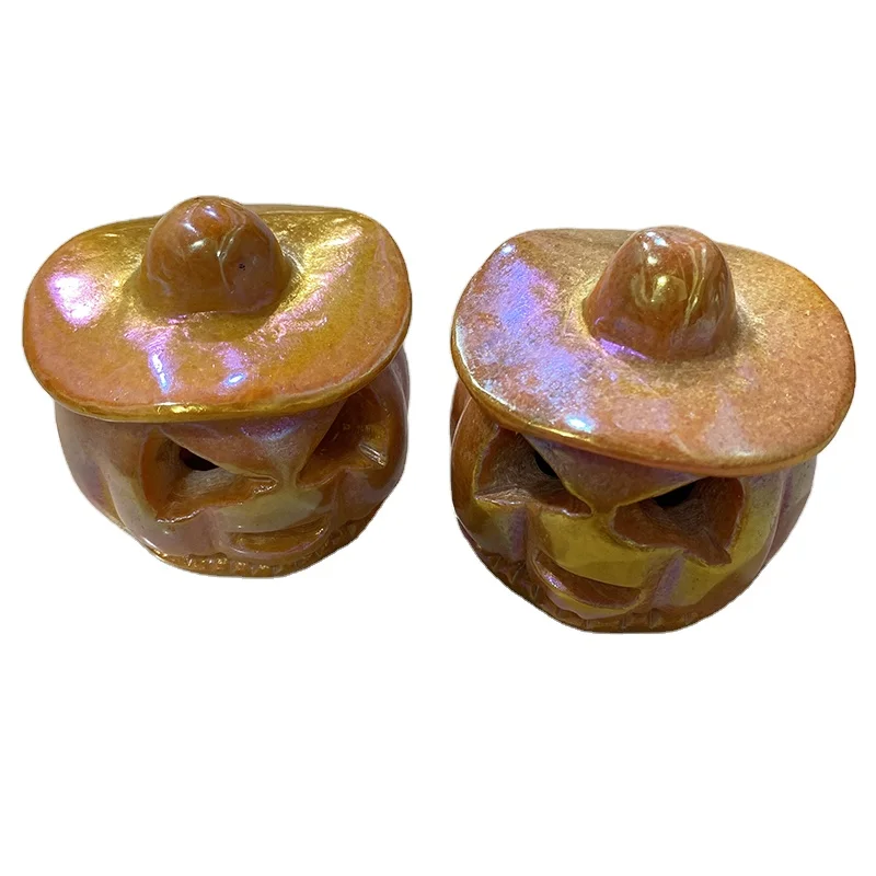 Wholesale Halloween Decoration Crystal Carvings Aura Jade Hollow Pumpkin Lampshade