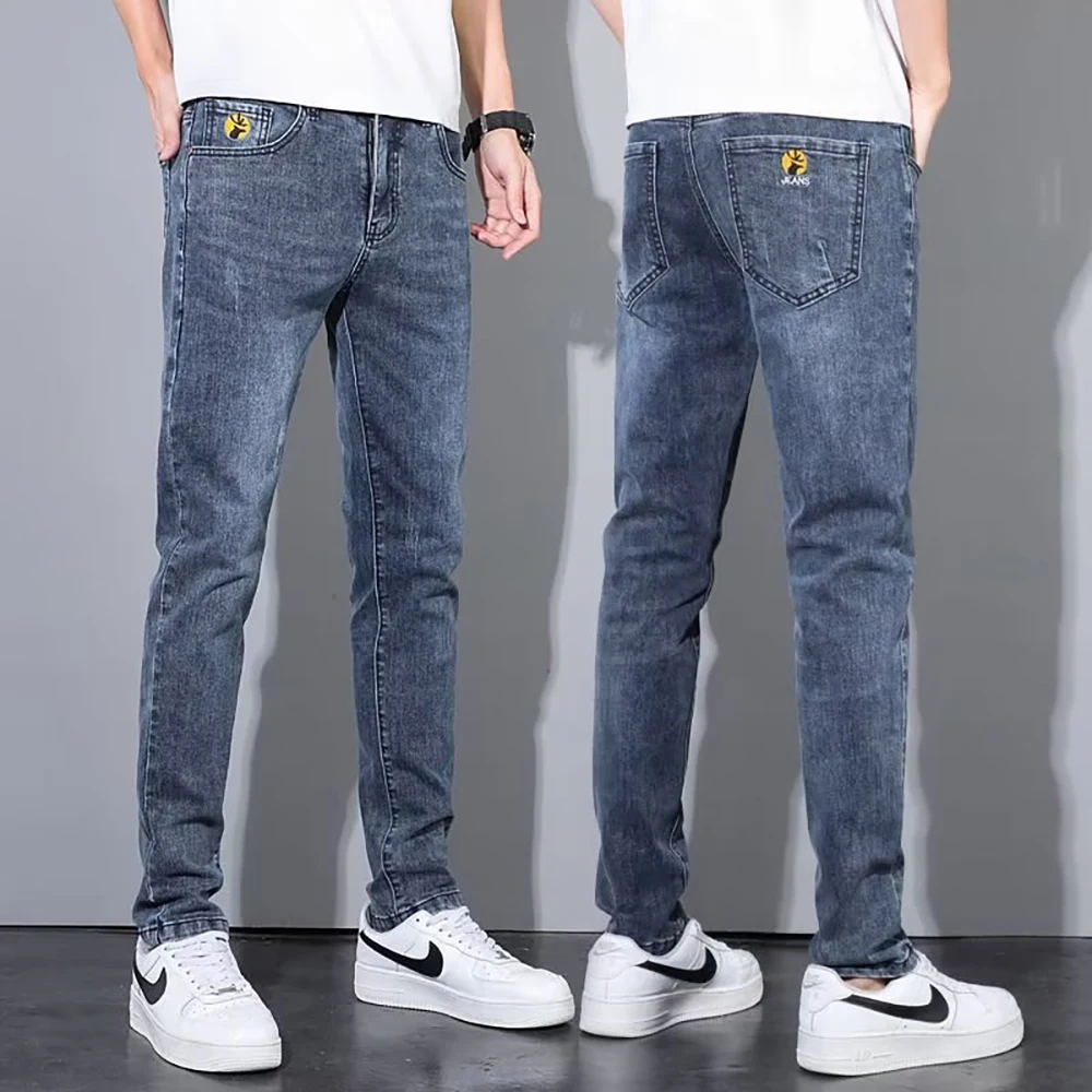 Custom High Street Hip Pop European Blue Washed Denim Spray Casual Jeans for Man