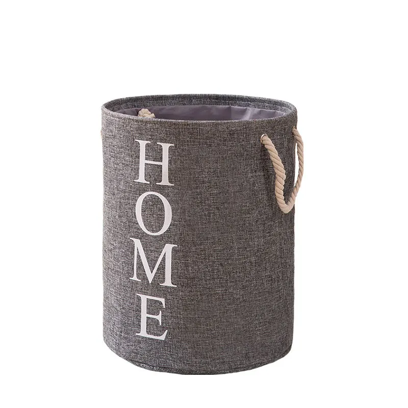 Large Sized Waterproof Cotton Fabric Folding Laundry Hamper Bucket Cylindric Burlap Storage Basket with Letter Design