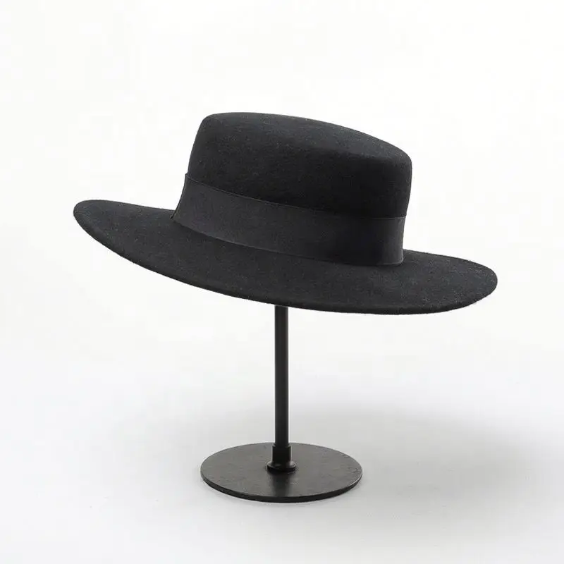 Ladies Wool Felt Boater Hat with Wide Ribbon