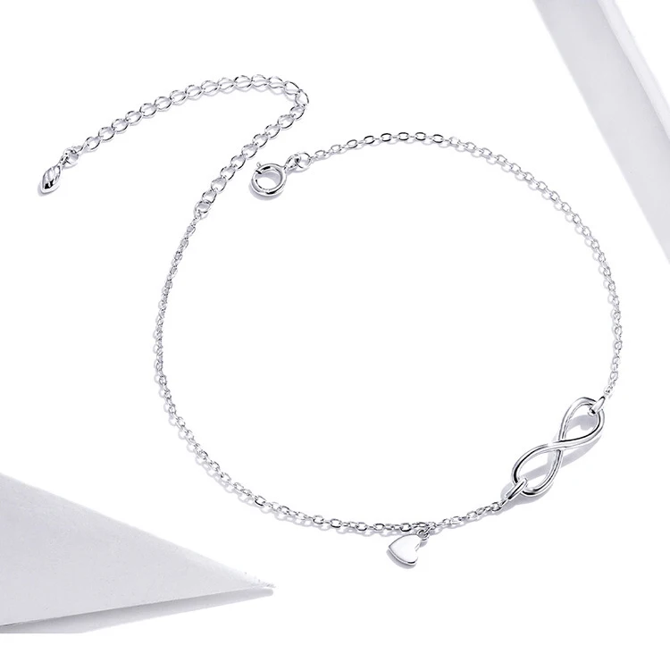 High Quality Women Gift Jewelry 925 Sterling Silver Heart Charms Infinity Pendant Anklets