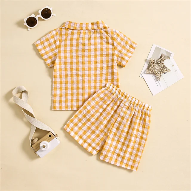 1 Pcs Custom Tag Plaid Cotton Outfit Summer Baby Infant Clothes Top Shorts Toddler Boys Two Pieces Set