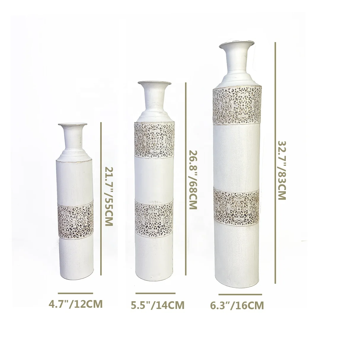 Lander Decorative Vintage Extra Large Metal Flower Vase Set of 3 Big Floor Tall White Vases for Home Decor Living Room