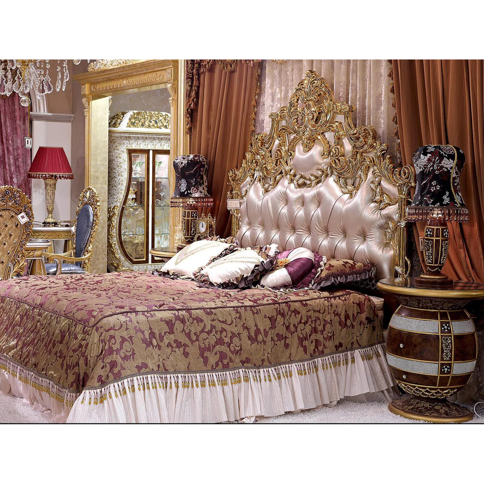 Luxury European Gold Plated Brass Bedroom Set Solid Wood King Size Bed Royal Villa Furniture