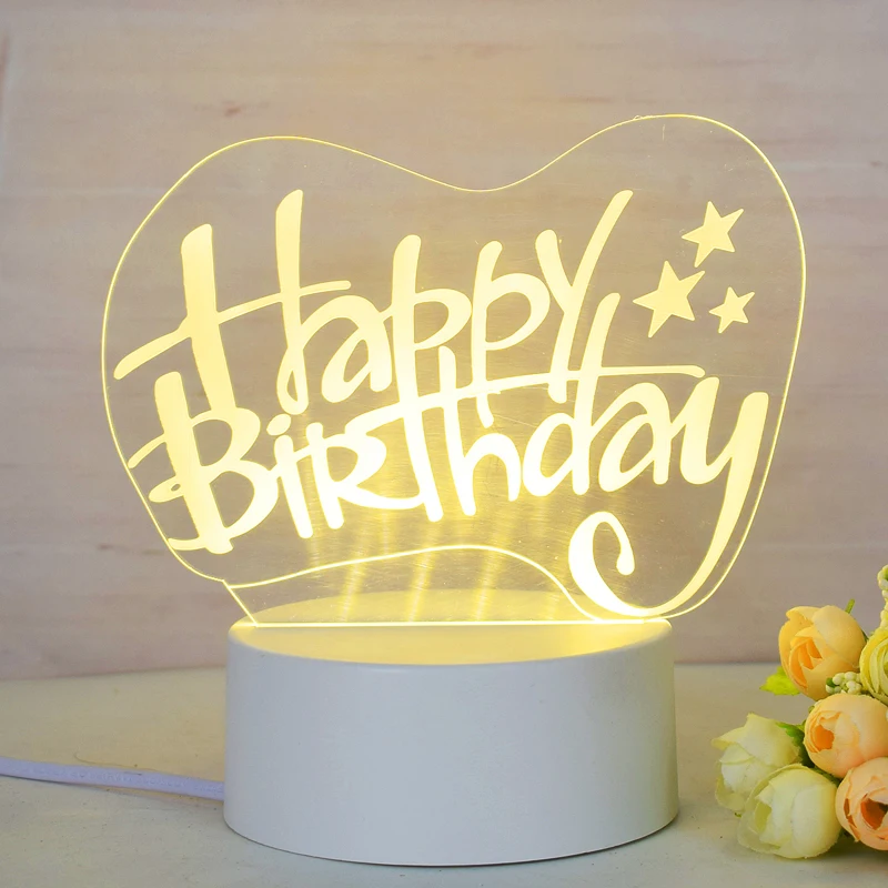 3D Illusion Night Lights LED Happy Birthday Night Lights 7-colors Adjustable Birthday Cake Table Lamp Bedroom Acrylic USB Cable