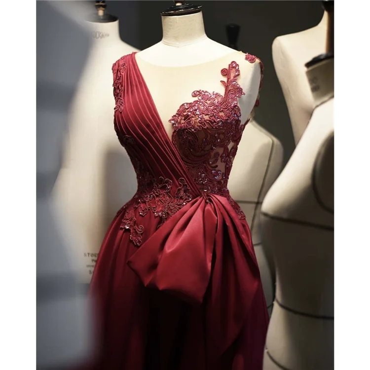 Vintage decent flower embroidery red gown long evening prom dress for ladies