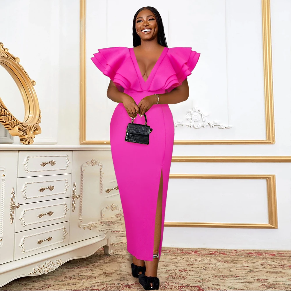 Женское коктейльное платье макси AOMEI, красное Клубное рождественское платье с оборками и V-образным вырезом