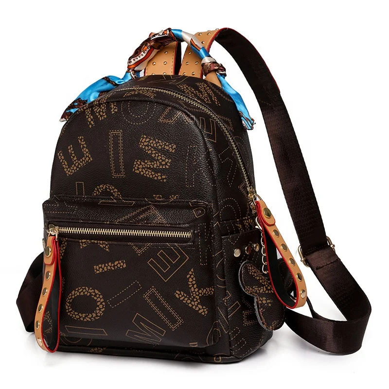 Wholesale Female PU Leather Backpacks Pure Color Letter-Print Travel Backpack Silk Scarf Wrapped Handle College Girls Bags