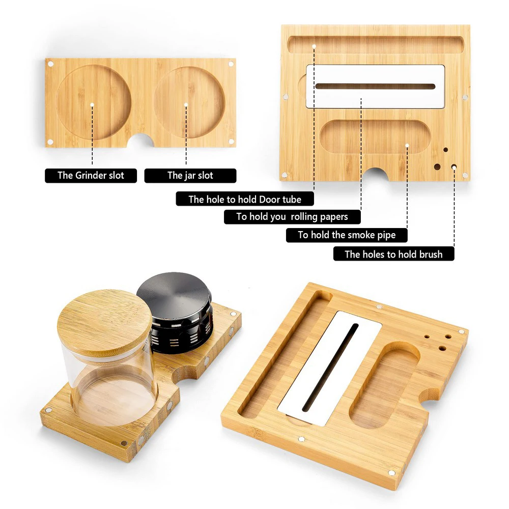 Hinged Lid Extra Large Foldable Rolling Tray Wooden Storage Box Bamboo Stash Box