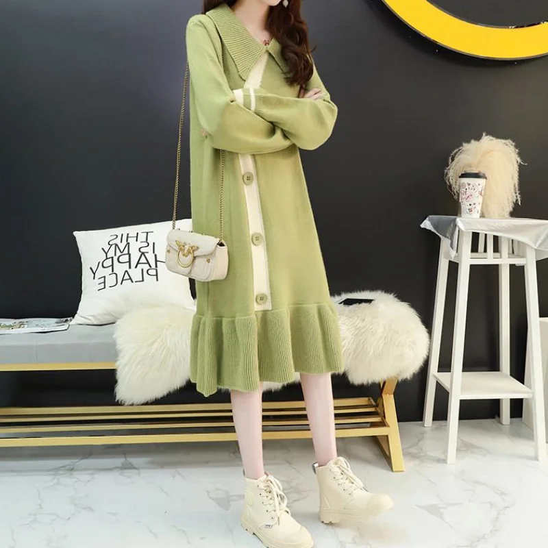 2020 Latest new arrival doll collar long sleeve loose fit pregnant women fishtail knit long sweater dress