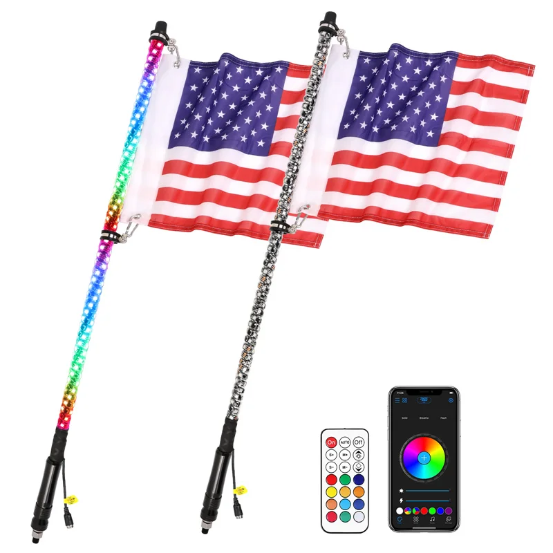 2Pcs 3Ft Nova Auto App Control Rf Remote Control Chase Color Spiral Rgb Led Lighting Whip