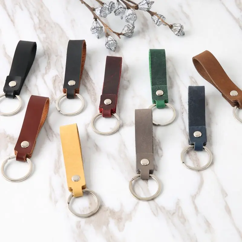 custom embossed pu leather keychain leather short two-layer cowhide popular Wrist Straps car key chains vintage leather keychain
