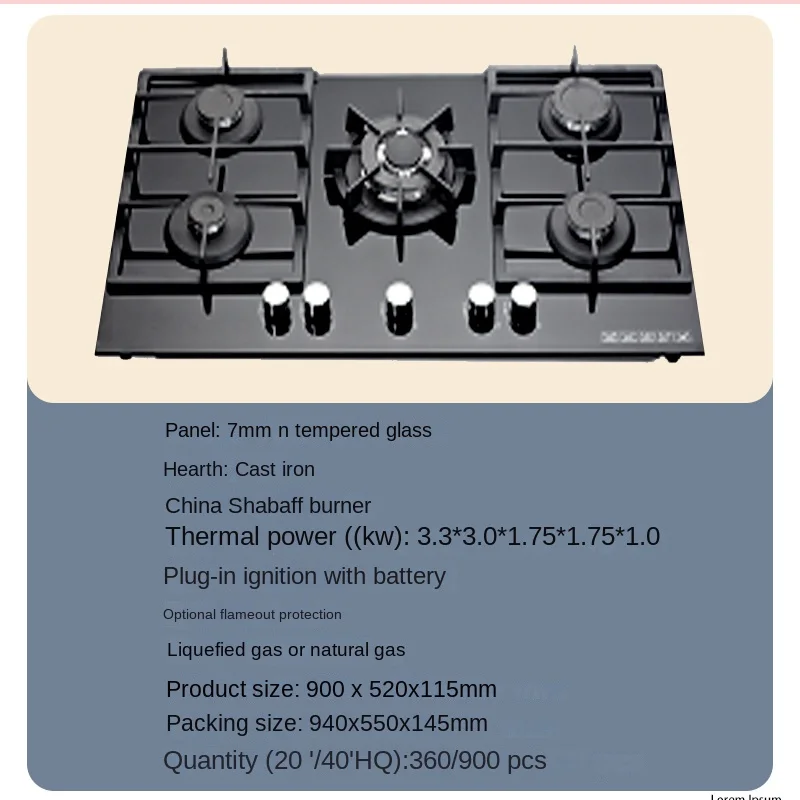 Quality 5 Burner Gas Stove Black Built-in Gas Hob Heavy Cast Iron Tempered Glass Kitchen Appliance for Outdoor RV Use Made China