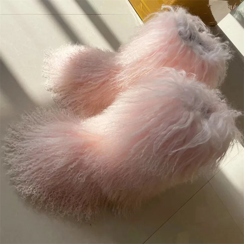 Luxury Fashion Winter Mongolian fur Shoes Woman men Home Ankle Snow Boots fluffy mongolian fur snow boots for women