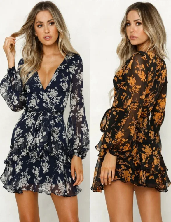 New Arrival Chiffon Floral Elegant V Neck Long Sleeve Women Beach Vintage Ruffle Dress