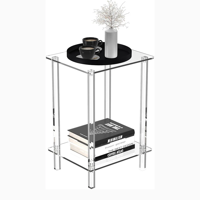 Easy Assembly 2-Tier Clear Acrylic Side Table Small Acrylic Nightstand Bedside Table for Living Room