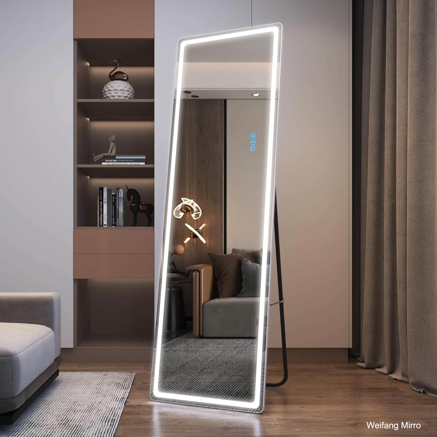Home use backlight dimmable three colors Lighted Floor Standing LED Mirror unbreakable Full Length Mirror with Lights