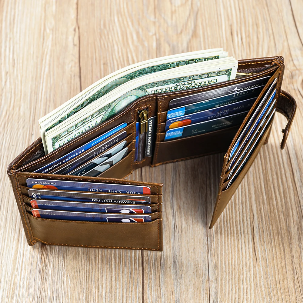 MARRANT Men RFID Anti-theft Wallet with 19 Cards Holder 2 ID Window Zipper Coin Pocket Purse Genuine Leather Wallet for Men