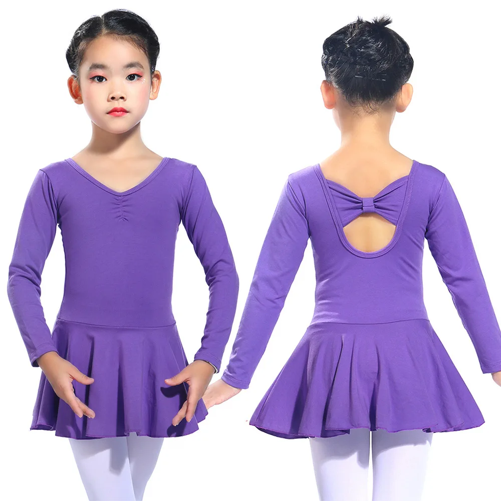 Spring Autumn Solid Color Long Sleeve Cotton Breathable Princess Girls Ballet Dance Dress Kids Performance Dancing Wear