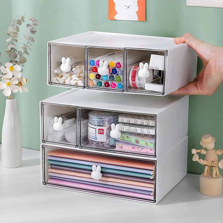 2022 new stationery office supplies transparent drawer white stackable storage box desk organizer