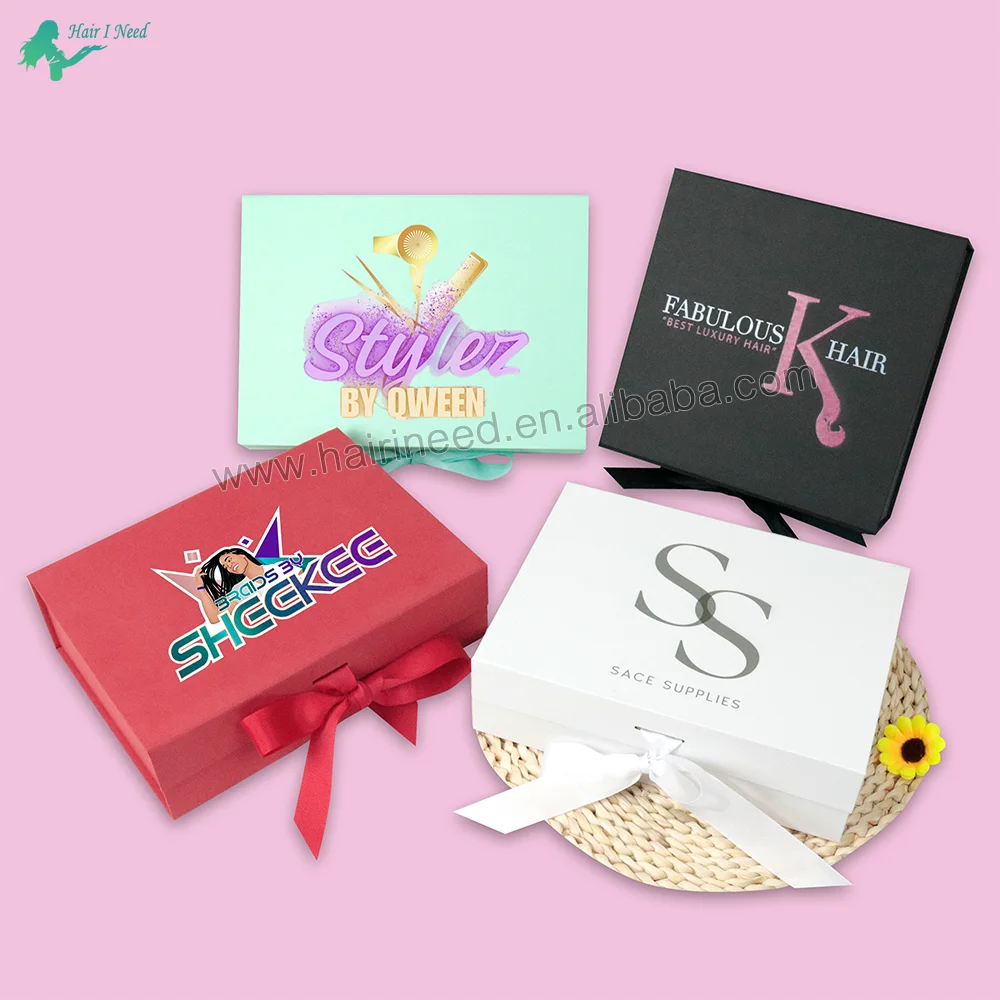 wig boxes custom logo packaging Customized Folding Paper Box Luxury Magnetic Gift Boxes with Ribbon Handle for Small Business