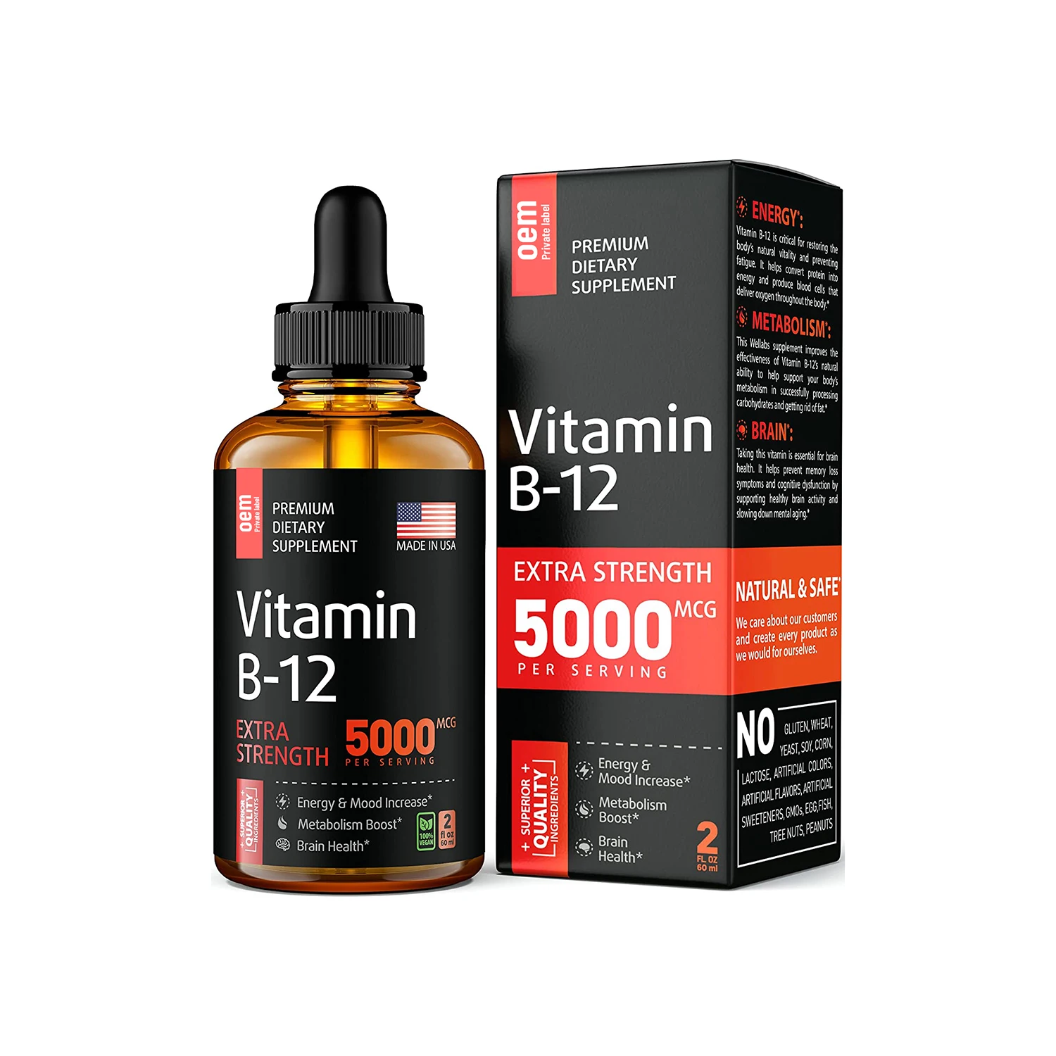 OEM Vitamin B12 Liquid Drops Sublingual 5000mcg Methyl & Methylcobalamin Supplements for Women and Men, Mood & Energy Booster