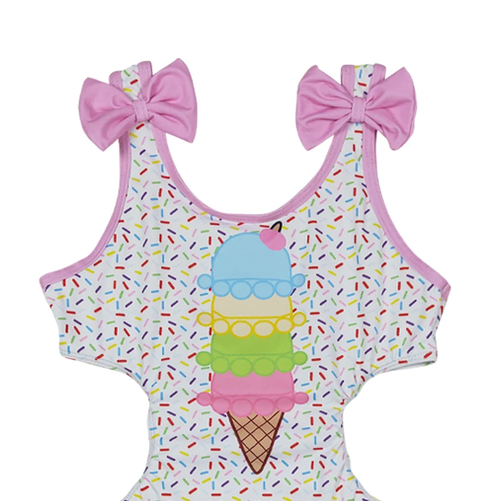 Girls romper pink bow sleeveless firework popsicles print wholesale girls one peace swimsuits boutique low price clothes no moq
