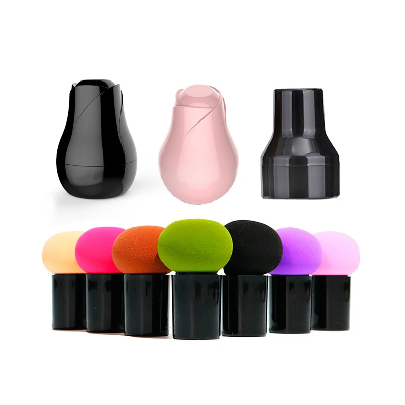 
Private Label Round Mushroom Head Makeup Cosmetic Sponge Long Handle Powder Puff With Plastic Cover 