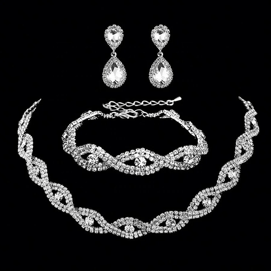 Wholesale Fashion Women Love High-End Luxury Shiny Diamond Crystal Necklace Earrings Bracelet Set
