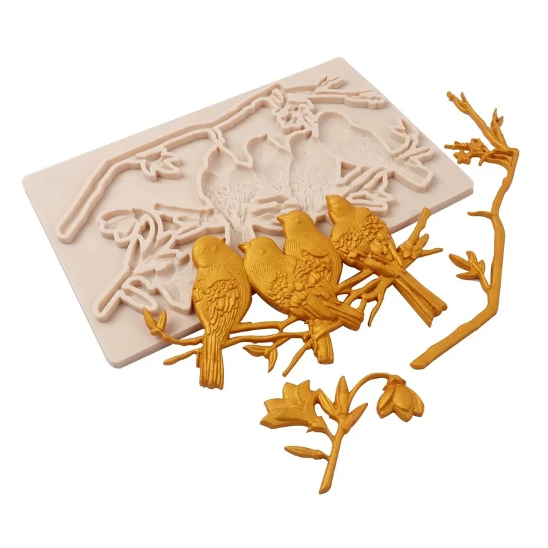 DIY Bird Tree Branch Flower Leaves Silicone Fondant Mould Cake Decoration Baking Sugarcraft Molds Plaster Mold for Baking Tools