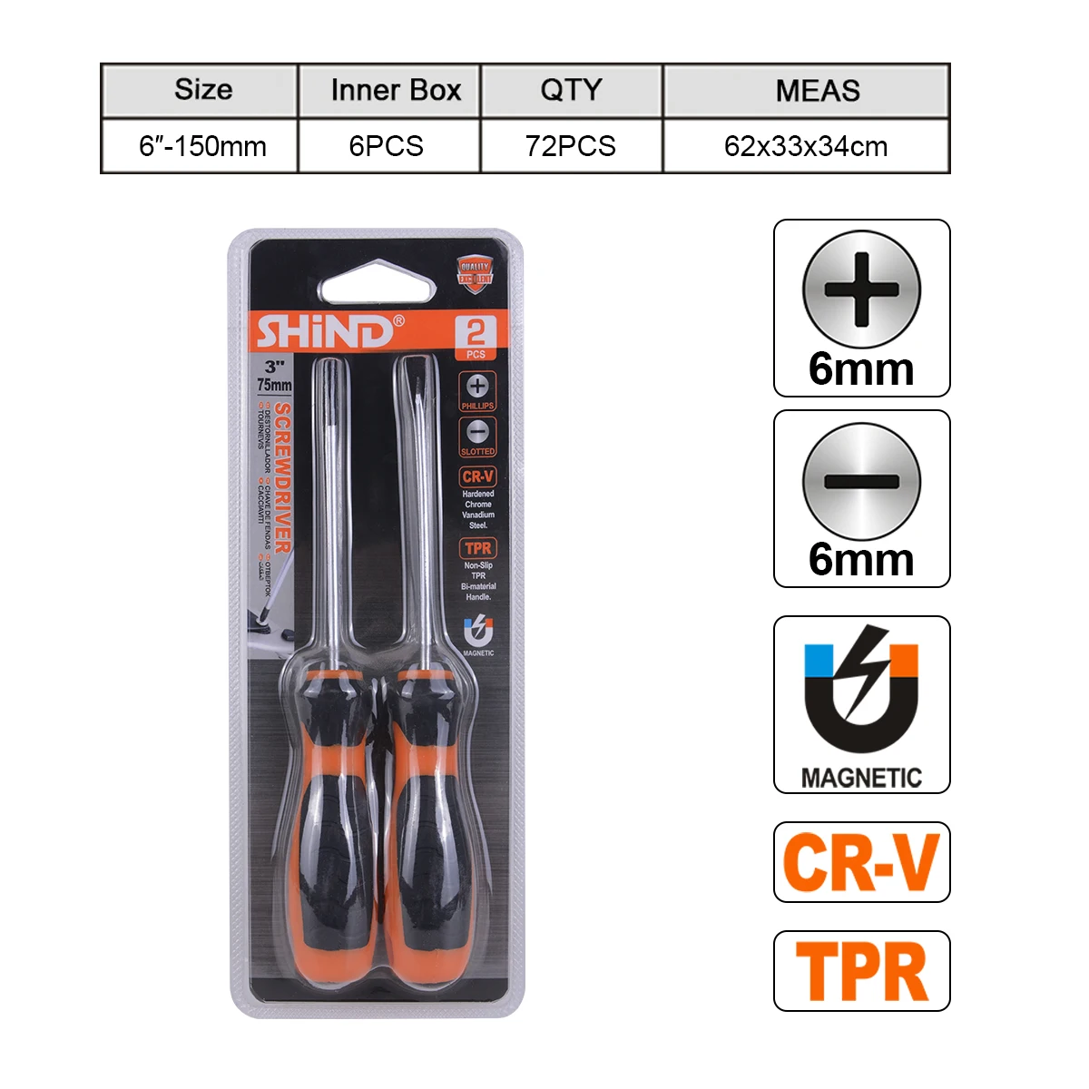 SHIND 94423 3inch Magnetic Screwdriver Set 3*75mm Phillips Slotted Magnetic Twist Tools Soft Ergonomic Anti-slip TPR Handle