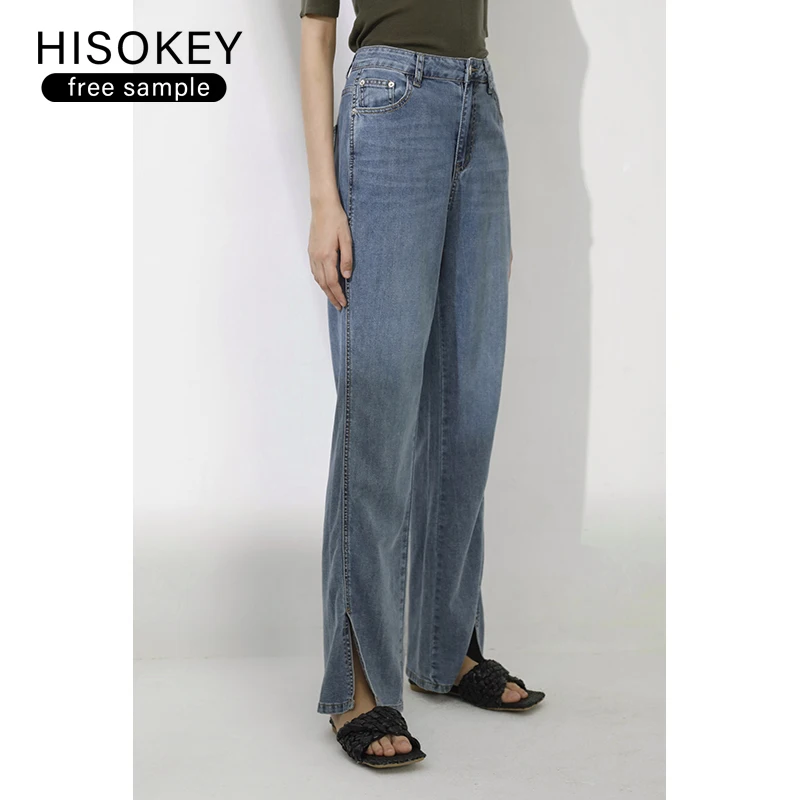 HISOKEY new fashion light blue high waist straight leg wide leg long slit floor jeans pants for women