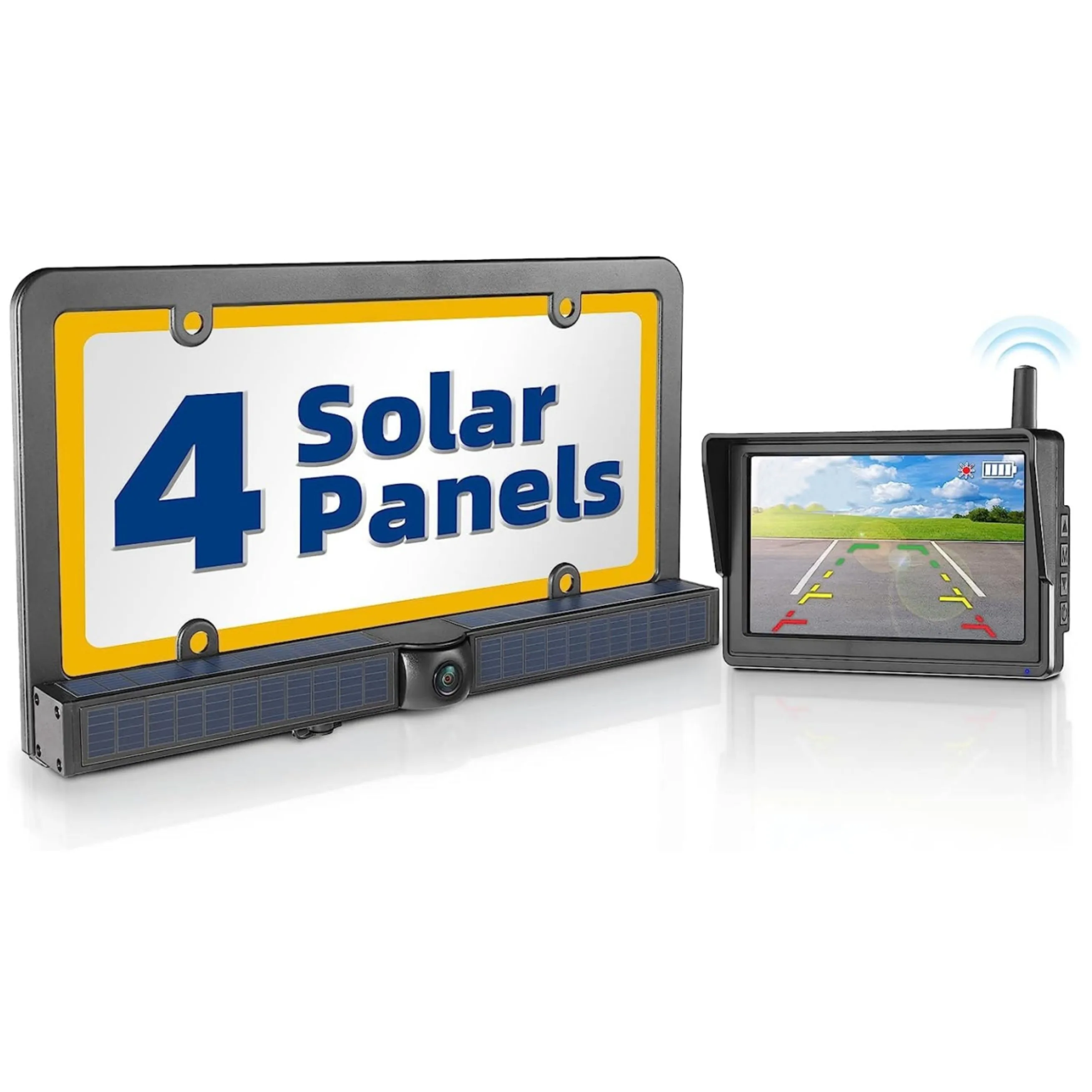 5' HD Monitor Vehicles License Plate Reverse Camera  4 Solar Panels Solar Wireless Backup Camera Kit for Car