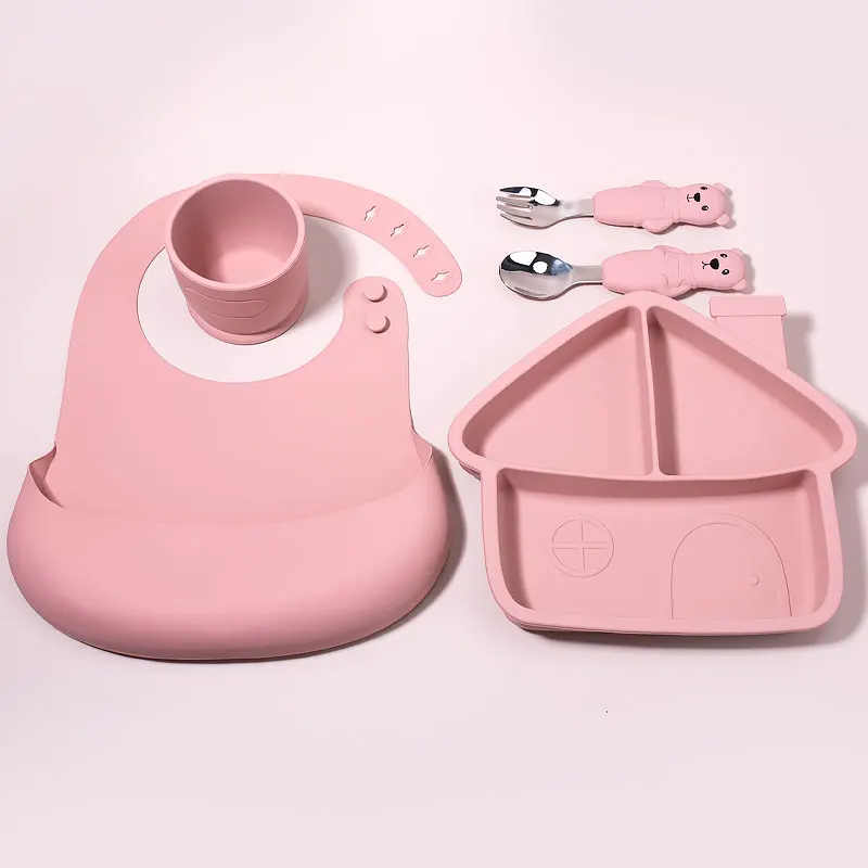 Silicone Feeding Set Bib Baby Silicone Tableware Set Children Bib Bowl Dinner Plate Spoon Fork Water Cup Kids Dinnerware