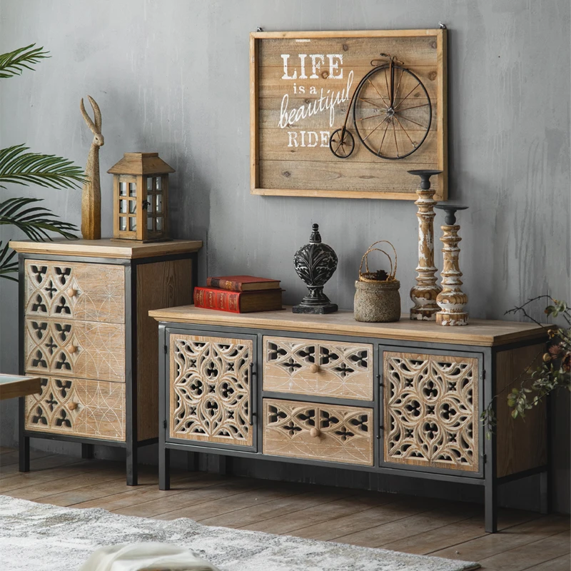 Современный кованый железный полый резной выдвижной ящик для хранения в гостиной нагрудный шкаф для ТВ приставки подставка для шкафа французский деревянный шкаф