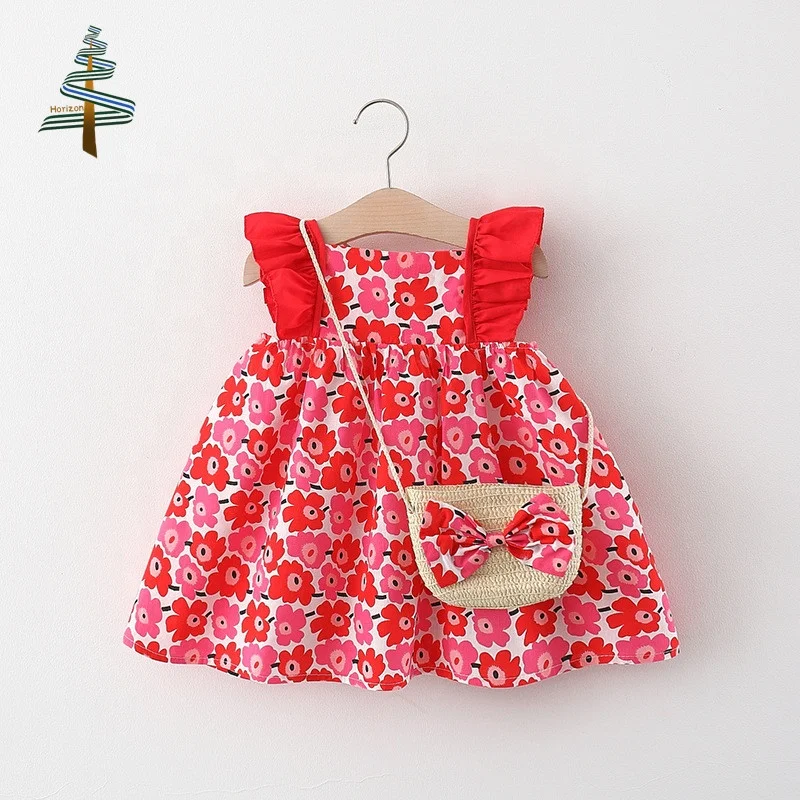 Toddler Girls Beach Dresses Kids Girls Summer Flower Dress with Bag Wholesale Children Fly Sleeve Floral Print Short OEM Support