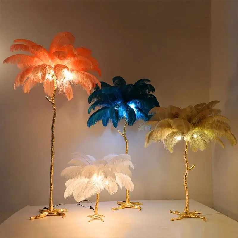 Modern Led Lighting Ostrich Feather Home Hotel Decorative Palm Tree Copper Nordic Camel Floor Stand Light Lamp