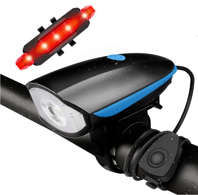 Horn Bicycle Headlight Tail Light Kit 250 Lumens 120dB Speaker Super Bright USB Rechargeable Bike Light +Warning Taillight