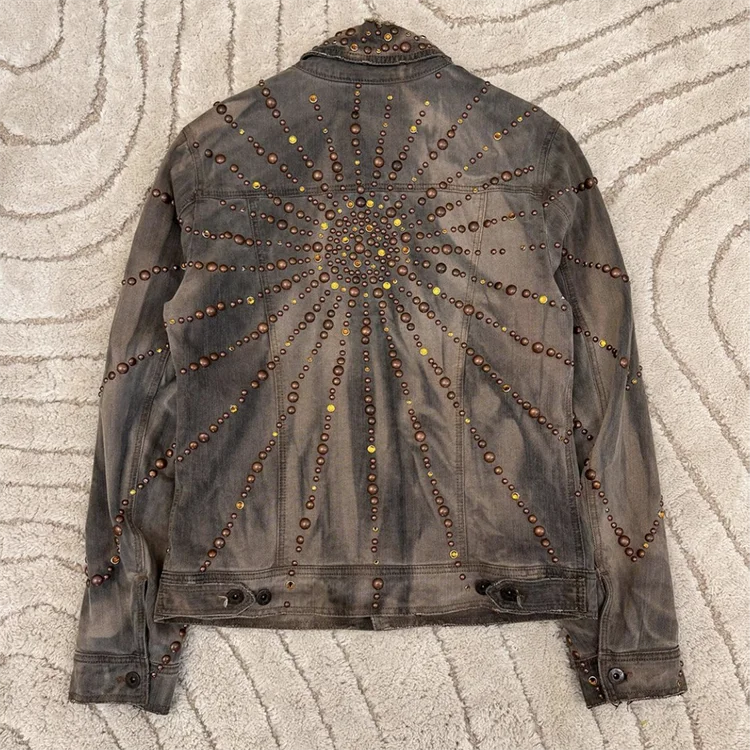 EDGE DENIM Manufacturer Custom distressed vintage washed full rivet rhinestone embroidery men jeans jacket for men