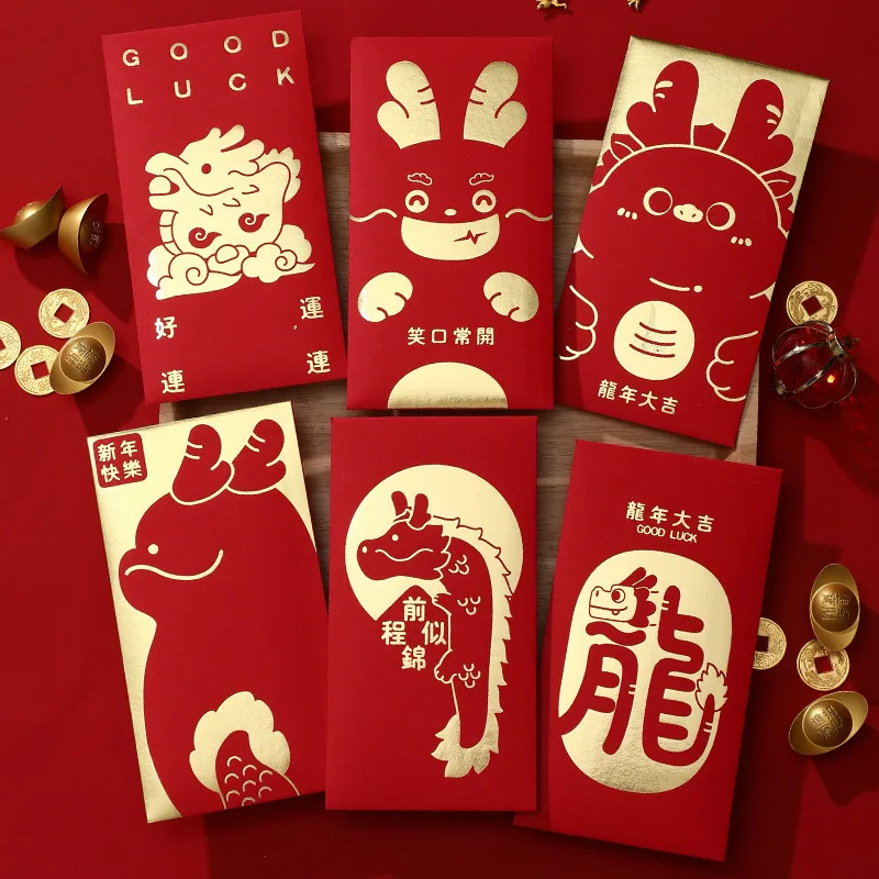 Red Packet Dragon 2024 Chinese New Year Customised Gold Foil LOGO Red Envelope for Gift