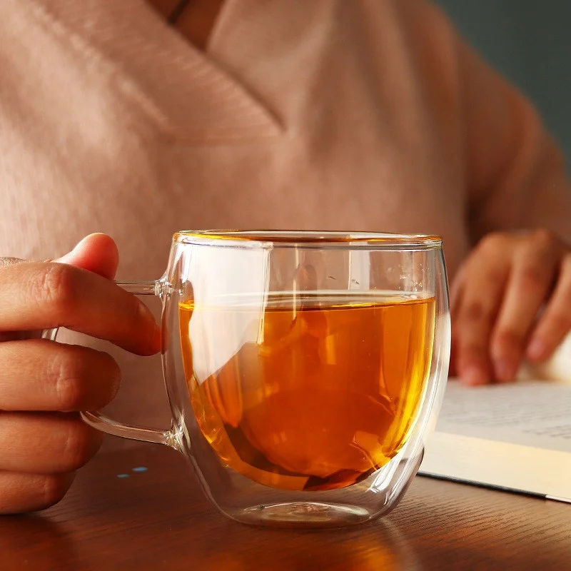 Hot Sale High Quality Transparent heat-insulated double wall glass mug coffee cups With Handle