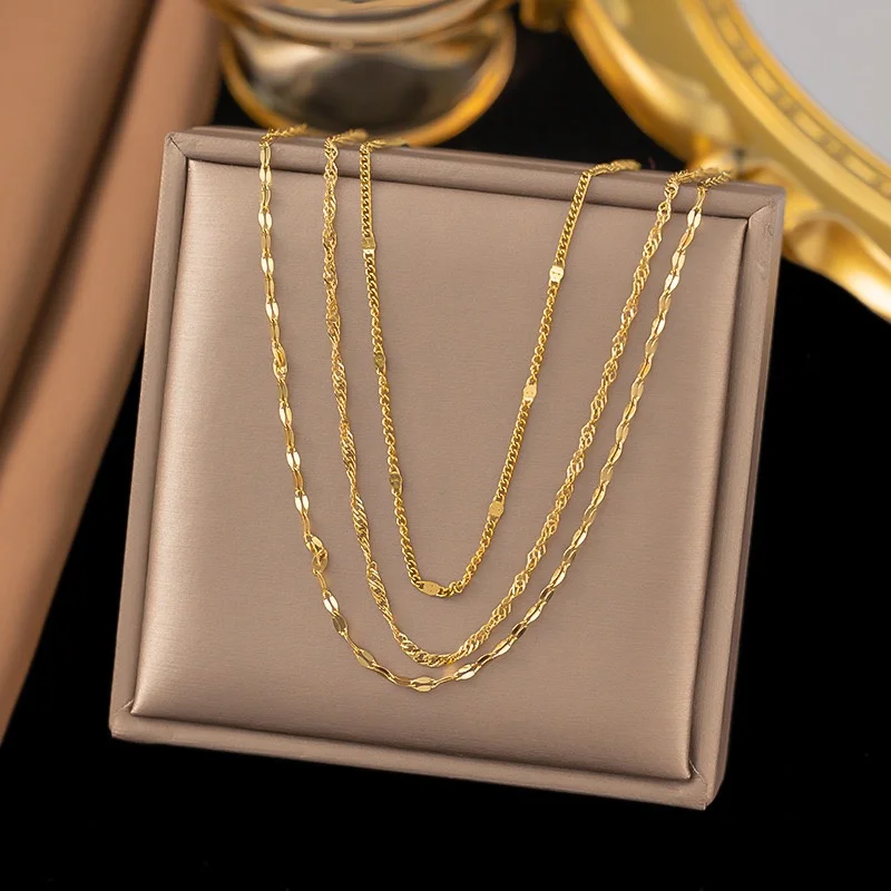 Vintage all-in-one stainless steel multilayer necklace plated in 18k gold does not fade necklace for women