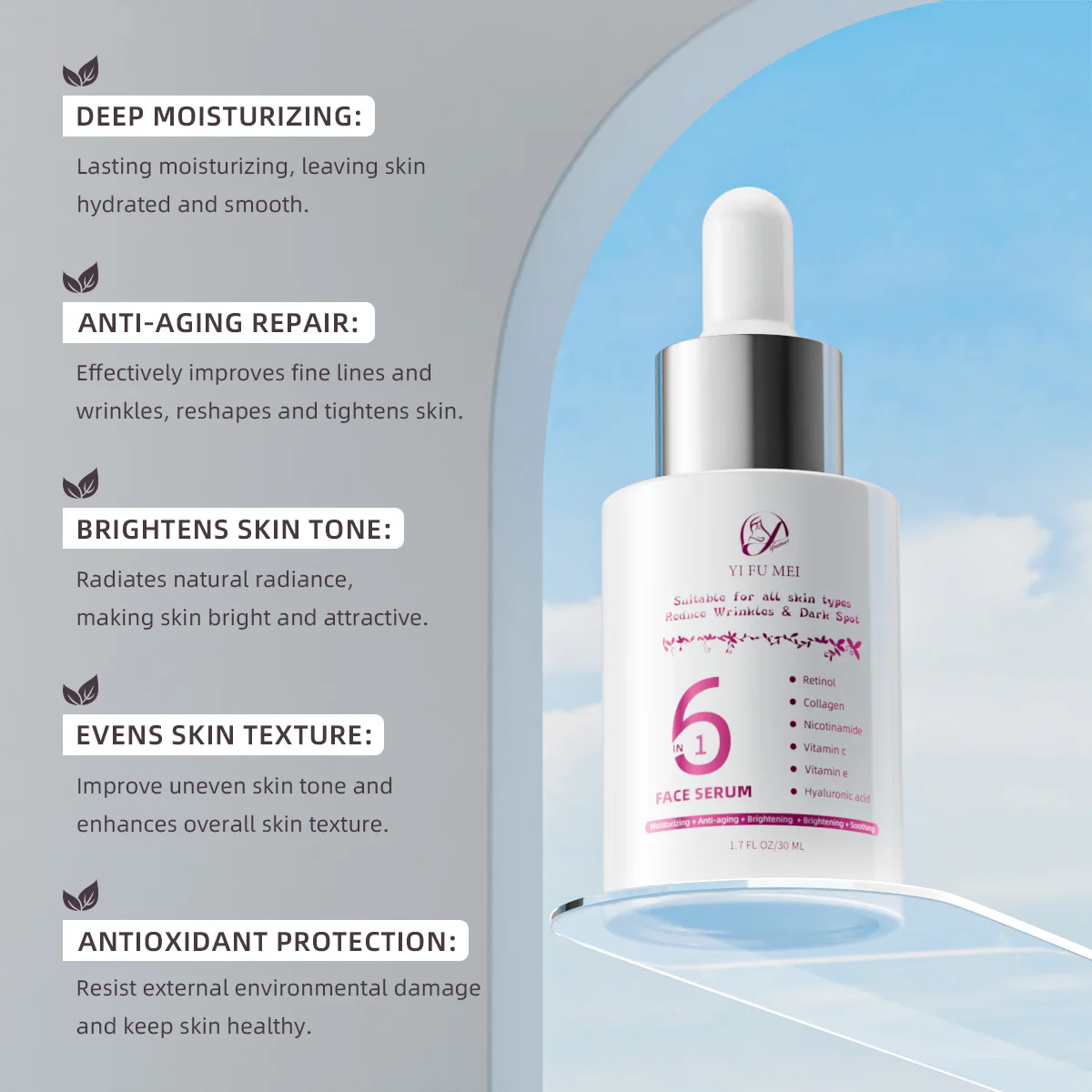 6 IN 1 Private Label Retinol Niacinamide Organic Dark Spot Lightening Anti Aging Face Glow Skin Care Vitamin C Serum