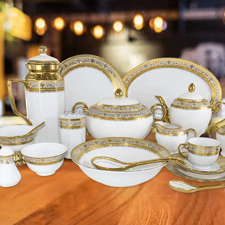 Elegant India Arabic Dubai Market Fine Porcelain New Bone Gold Dinner Set Dinnerware 86 pcs Gold Dinner Sets For 12 Persons